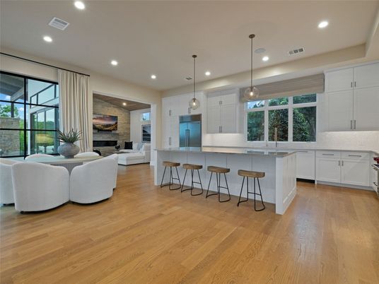 Fireplace, Interior, Kitchen, Living room, Pendant Lights, Recessed Lighting, Stone Walls, Wood Texture Flooring