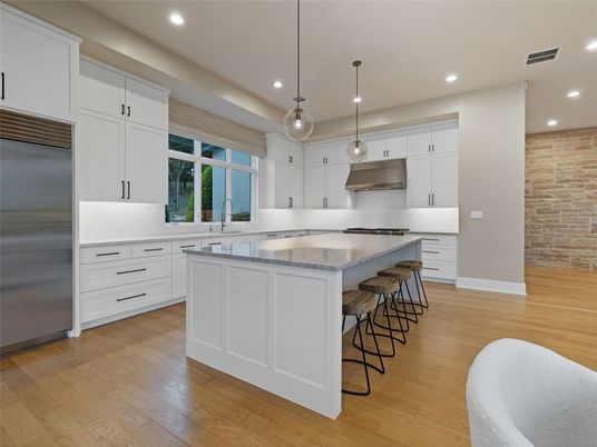 Interior, Kitchen, Pendant Lights, Recessed Lighting, Stainless Steel Appliances, Wood Texture Flooring