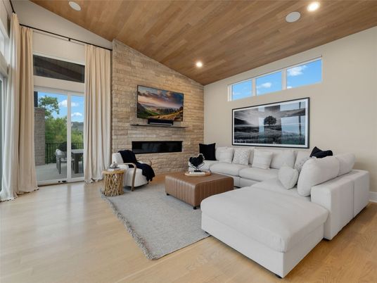 Fireplace, Interior, Living room, Recessed Lighting, Stone Walls, Wooden Ceilings, Wood Texture Flooring