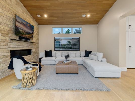 Fireplace, Interior, Living room, Recessed Lighting, Stone Walls, Wooden Ceilings, Wood Texture Flooring