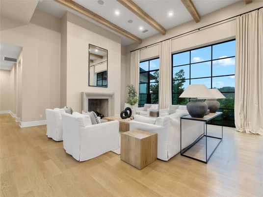 Fireplace, Interior, Living room, Recessed Lighting, Wooden Beams, Wood Texture Flooring