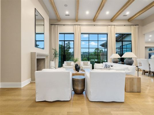 Dining room, Fireplace, Interior, Living room, Recessed Lighting, Wooden Beams, Wood Texture Flooring
