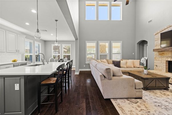 Fireplace, Interior, Kitchen, Living room, Pendant Lights, Recessed Lighting, Wood Texture Flooring