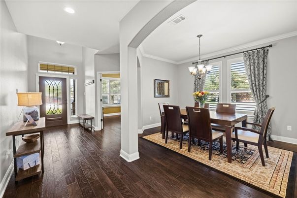 Chandelier, Dining room, Interior, Recessed Lighting, Wood Texture Flooring