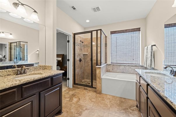 Bathroom, Dual Sink Vanities, Glass Shower, Interior, Recessed Lighting