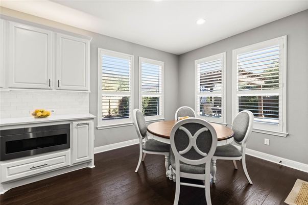 Dining room, Interior, Recessed Lighting, Wood Texture Flooring