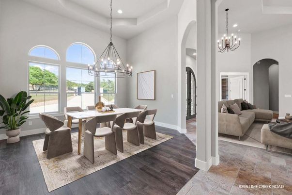 Chandelier, Dining room, Interior, Living room, Pendant Lights, Recessed Lighting, Wood Texture Flooring