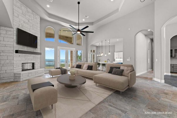 Fireplace, Interior, Living room, Pendant Lights, Recessed Lighting, Stone Walls, Water
