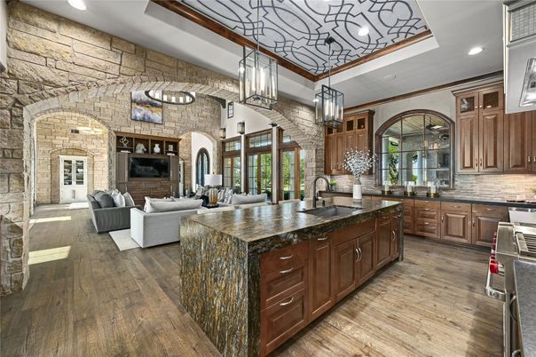 Interior, Kitchen, Living room, Pendant Lights, Recessed Lighting, Stone Walls, Wood Texture Flooring