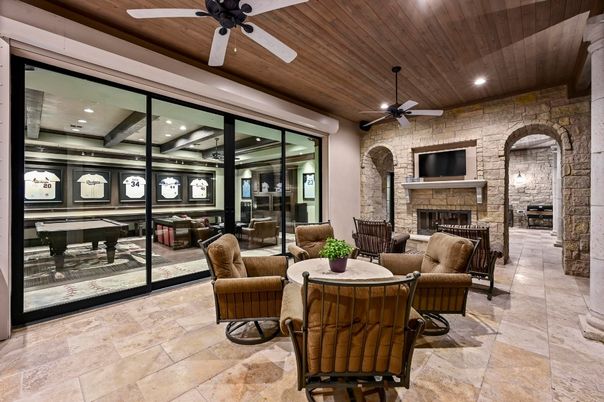 Fireplace, Interior, Living room, Recessed Lighting, Stone Walls, Wooden Ceilings