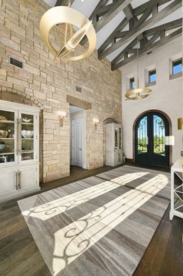 Interior, Pendant Lights, Stone Walls, Wooden Beams, Wood Texture Flooring