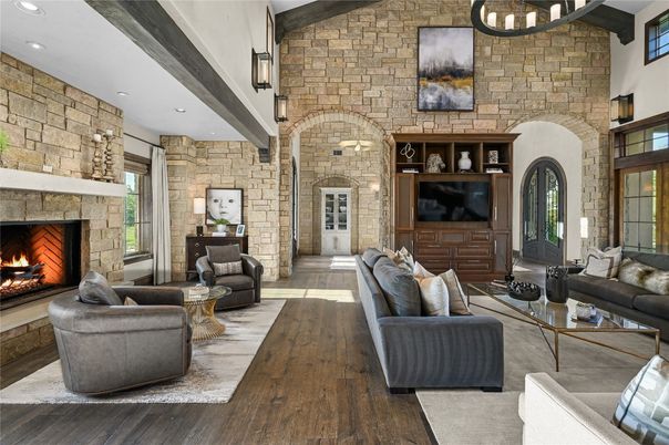 Fireplace, Interior, Living room, Recessed Lighting, Stone Walls, Wood Texture Flooring