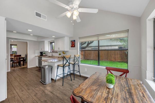Dining room, Interior, Kitchen, Recessed Lighting, Wood Texture Flooring