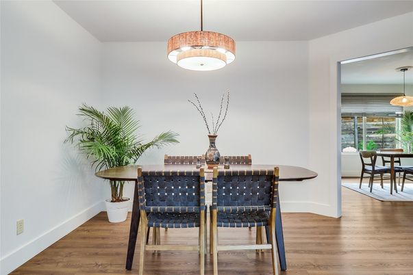 Dining room, Interior, Pendant Lights, Wood Texture Flooring