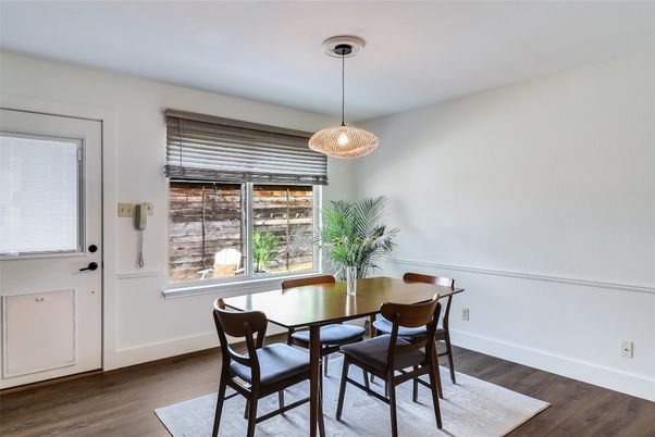 Dining room, Interior, Pendant Lights, Wood Texture Flooring