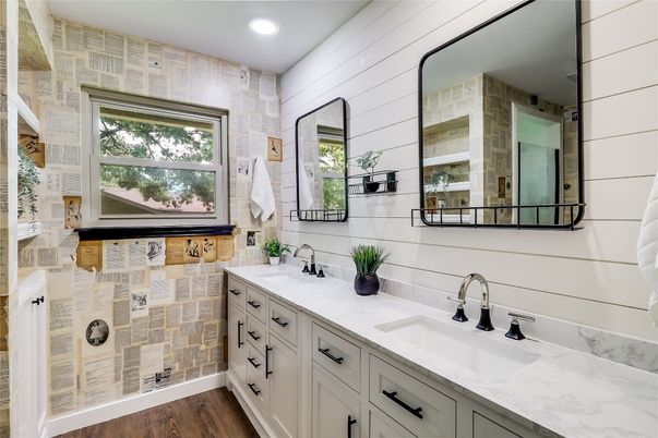 Bathroom, Dual Sink Vanities, Interior, Recessed Lighting, Wood Texture Flooring