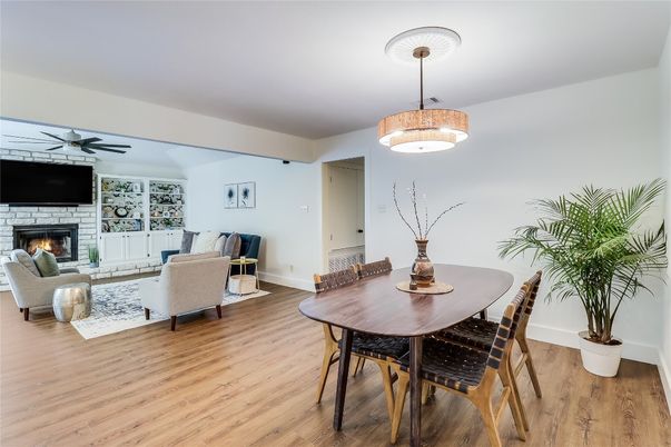 Dining room, Fireplace, Interior, Living room, Pendant Lights, Wood Texture Flooring