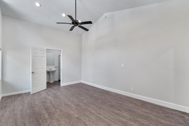 Bathroom, Empty room, Interior, Recessed Lighting, Wood Texture Flooring