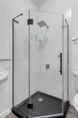 Bathroom, Glass Shower, Interior, Wood Texture Flooring