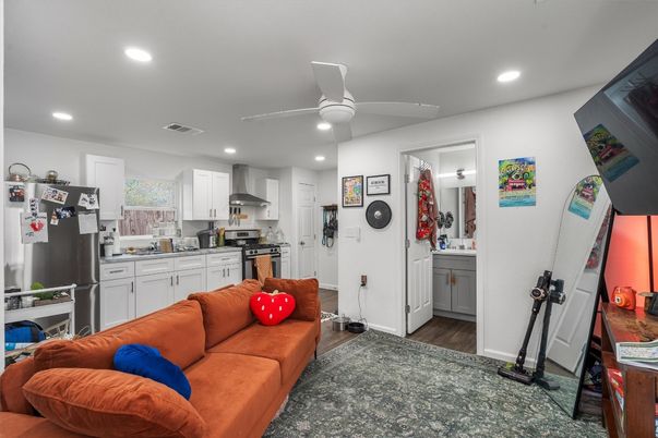 Interior, Kitchen, Living room, Recessed Lighting, Stainless Steel Appliances, Wood Texture Flooring