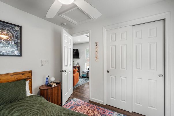 Bedroom, Interior, Recessed Lighting, Wood Texture Flooring