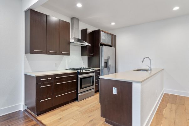 Interior, Kitchen, Recessed Lighting, Stainless Steel Appliances, Wood Texture Flooring
