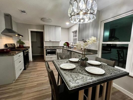 Chandelier, Interior, Kitchen, Recessed Lighting, Stainless Steel Appliances, Wood Texture Flooring