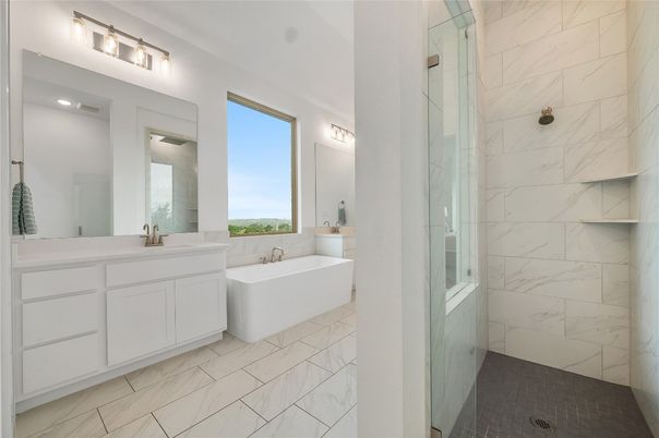 Bathroom, Dual Sink Vanities, Glass Shower, Interior, Marble, Marble Walls