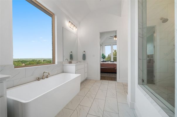 Bathroom, Free Standing Baths, Glass Shower, Interior, Marble, Marble Walls