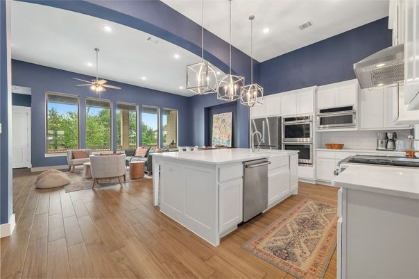 Dining room, Interior, Kitchen, Living room, Pendant Lights, Recessed Lighting, Stainless Steel Appliances, Wood Texture Flooring