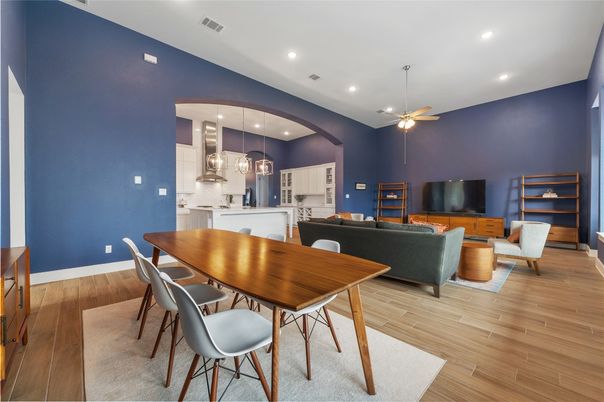 Dining room, Interior, Kitchen, Living room, Pendant Lights, Recessed Lighting, Wood Texture Flooring