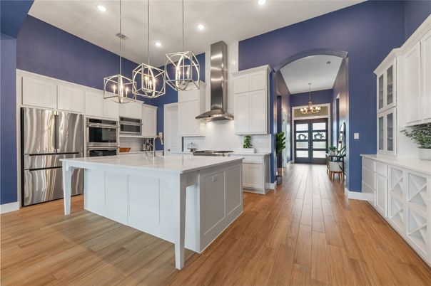 Chandelier, Interior, Kitchen, Pendant Lights, Recessed Lighting, Stainless Steel Appliances, Wood Texture Flooring
