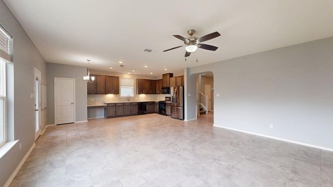 Empty room, Interior, Kitchen, Pendant Lights, Recessed Lighting, Stainless Steel Appliances