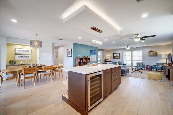 Dining room, Interior, Living room, Pendant Lights, Recessed Lighting, Wood Texture Flooring
