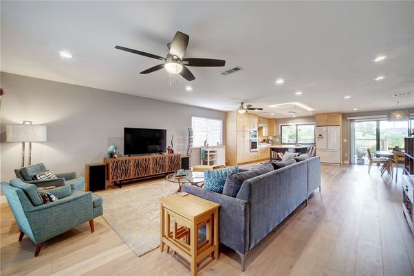 Dining room, Interior, Kitchen, Living room, Pendant Lights, Recessed Lighting, Wood Texture Flooring