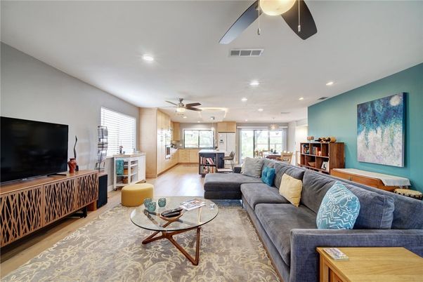 Dining room, Interior, Living room, Recessed Lighting, Wood Texture Flooring