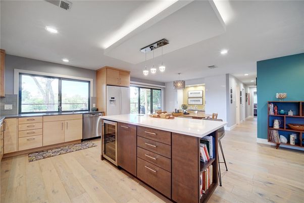 Interior, Kitchen, Pendant Lights, Recessed Lighting, Stainless Steel Appliances, Wood Texture Flooring