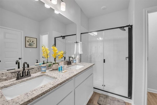 Bathroom, Dual Sink Vanities, Glass Shower, Interior, Wood Texture Flooring