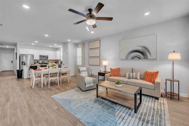 Dining room, Interior, Kitchen, Living room, Recessed Lighting, Stainless Steel Appliances, Wood Texture Flooring