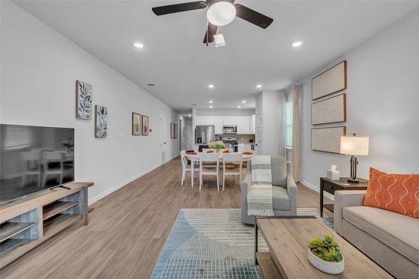 Dining room, Interior, Kitchen, Living room, Recessed Lighting, Stainless Steel Appliances, Wood Texture Flooring