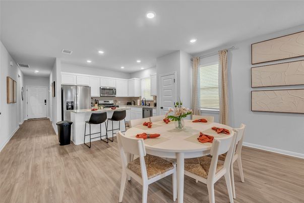 Dining room, Interior, Kitchen, Recessed Lighting, Stainless Steel Appliances, Wood Texture Flooring