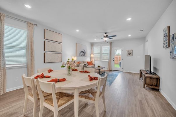 Dining room, Interior, Living room, Recessed Lighting, Wood Texture Flooring