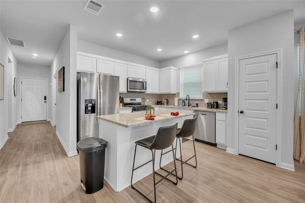 Interior, Kitchen, Recessed Lighting, Stainless Steel Appliances, Wood Texture Flooring