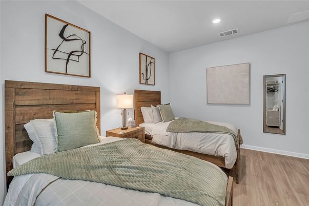 Bedroom, Interior, Recessed Lighting, Wood Texture Flooring