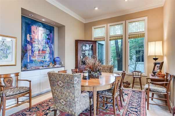 Dining room, Interior, Recessed Lighting, Wood Texture Flooring