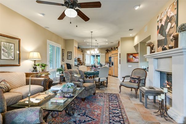 Chandelier, Dining room, Fireplace, Interior, Kitchen, Living room, Recessed Lighting