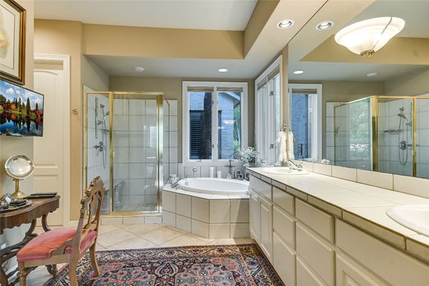 Bathroom, Dual Sink Vanities, Glass Shower, Interior, Recessed Lighting, Tile Countertops