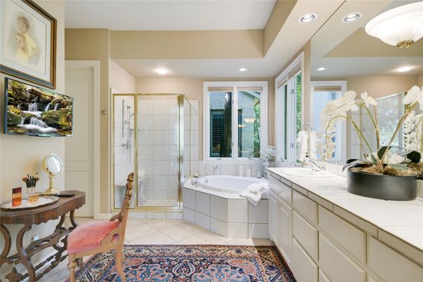 Bathroom, Dual Sink Vanities, Glass Shower, Interior, Recessed Lighting, Tile Countertops