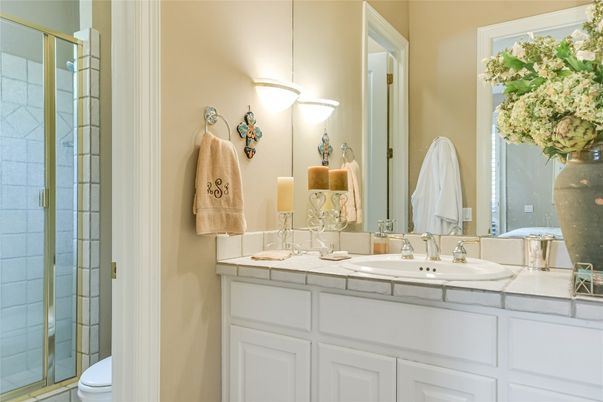 Bathroom, Dual Sink Vanities, Glass Shower, Interior, Tile Countertops