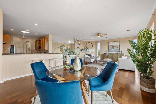Dining room, Interior, Kitchen, Living room, Recessed Lighting, Wood Texture Flooring